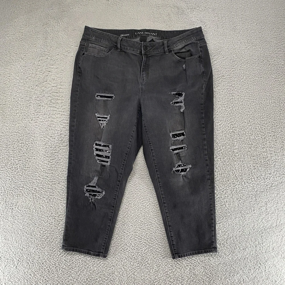 Lane Bryant Low Rise Girlfriend‎ Jeans Womens 18 Charcoal Distressed Sequin Crop